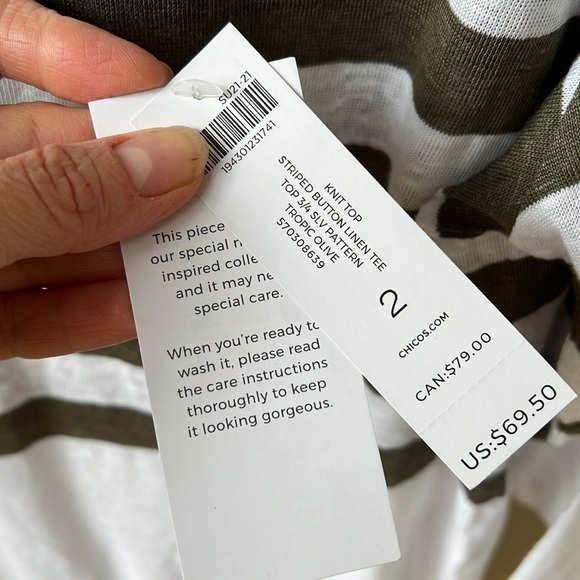 Chico’s New w Tag Striped 100% Linen Knit Top 3/4 Sleeve Large. White Green - Picture 4 of 9